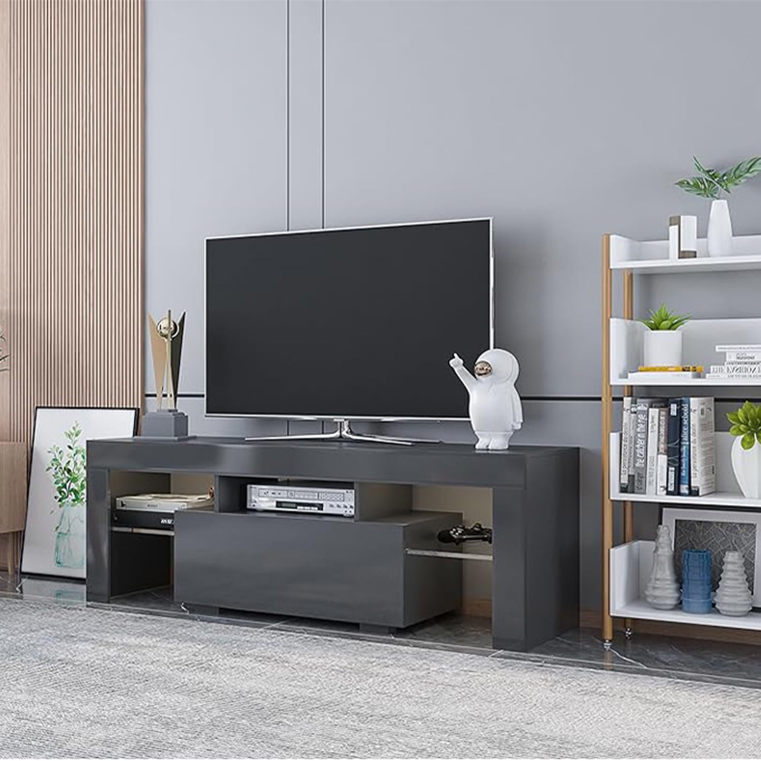 LED TV Stand for Televisions up to 55 Inchs,Modern Entertainment Center with Storage Drawer and Glass Shelf, TV Console Table for Living Room,Bedroom (Black, 50In)