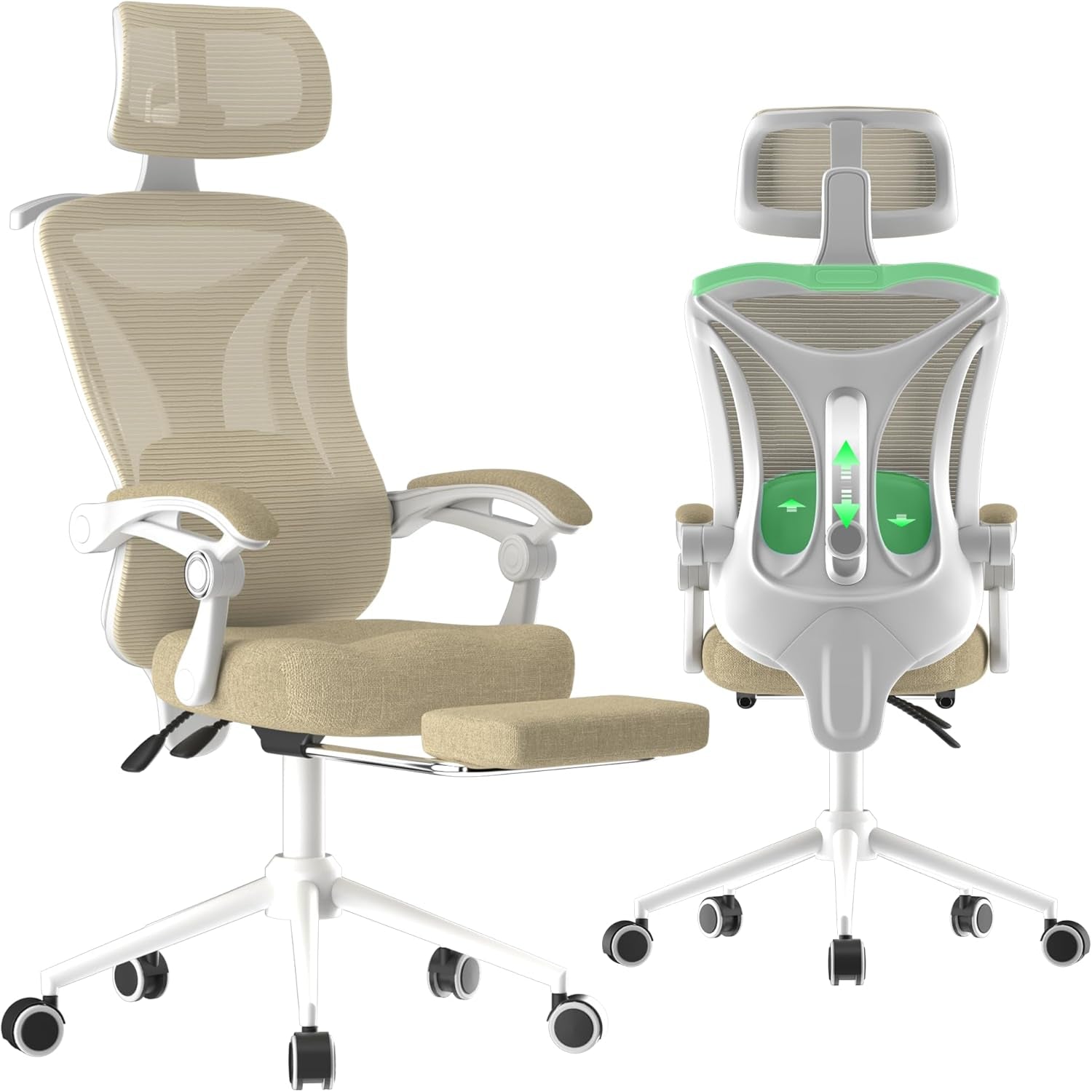 Ergonomic Office Chair - Adjustable Lumbar & Headrest, 90-160° Reclining with Footrest, Breathable Mesh Back - Home Office/Gaming Computer Chair (Beige, 300Lbs Capacity)