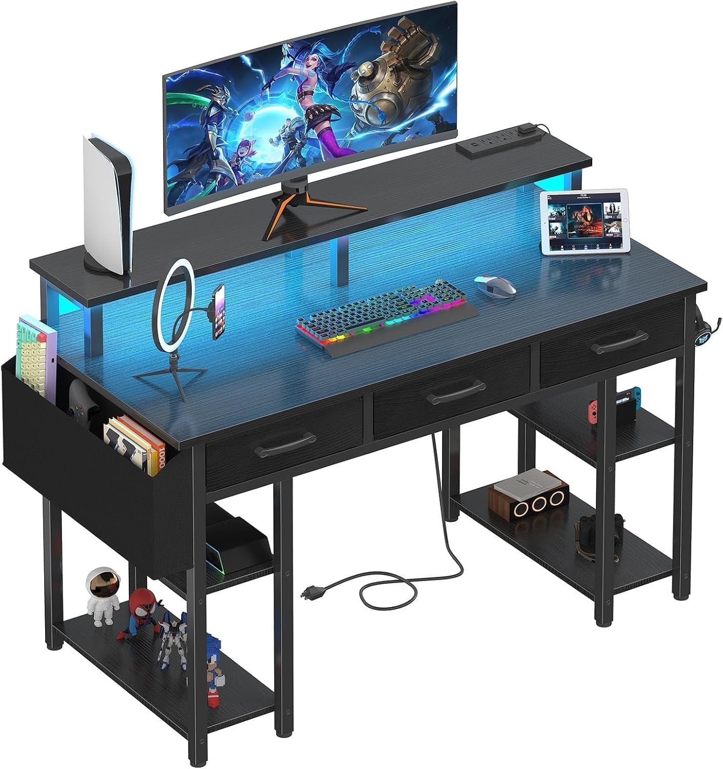Gaming Desk with Led Lights and Power Outlets, 47 Inch Home Office Desk with Monitor Stand & Shelves, Writing Study Computer Desks with Fabric Drawers for Bedroom, Black