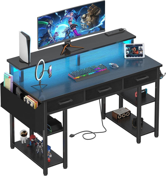Gaming Desk with Led Lights and Power Outlets, 47 Inch Home Office Desk with Monitor Stand & Shelves, Writing Study Computer Desks with Fabric Drawers for Bedroom, Black