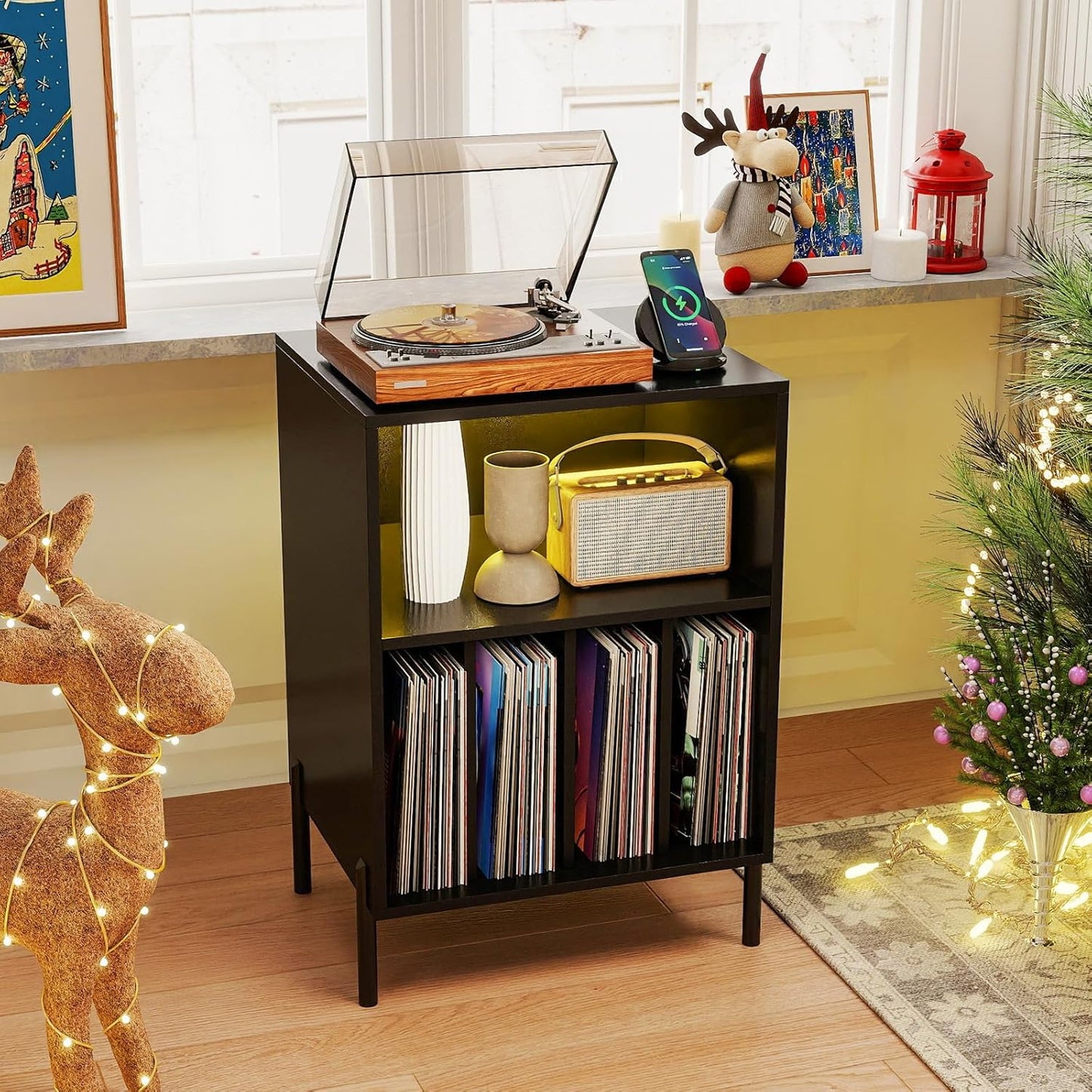 Record Player Stand with LED Lights & Charging Station, Turntable Stand with Record Holder, Record Player Table with Metal Legs, Vinyl Record Storage for Living Room, Music Room, Black