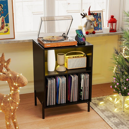 Record Player Stand with LED Lights & Charging Station, Turntable Stand with Record Holder, Record Player Table with Metal Legs, Vinyl Record Storage for Living Room, Music Room, Black