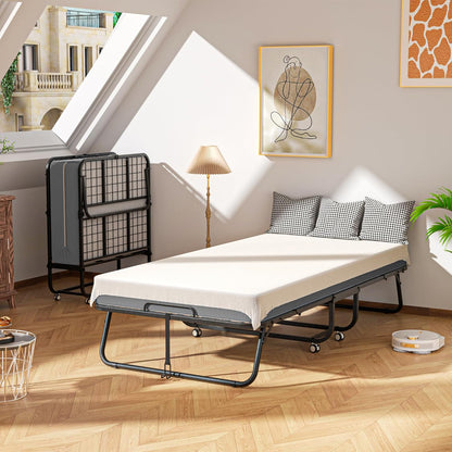 Folding Bed with Mattress, Roll Away Beds with Mattress for Adults, Single Cot Foldable Rollaway Beds, 75" X 31" Portable Bed for Easy Storage, Strong Frame for Guest Room, Small Apartment