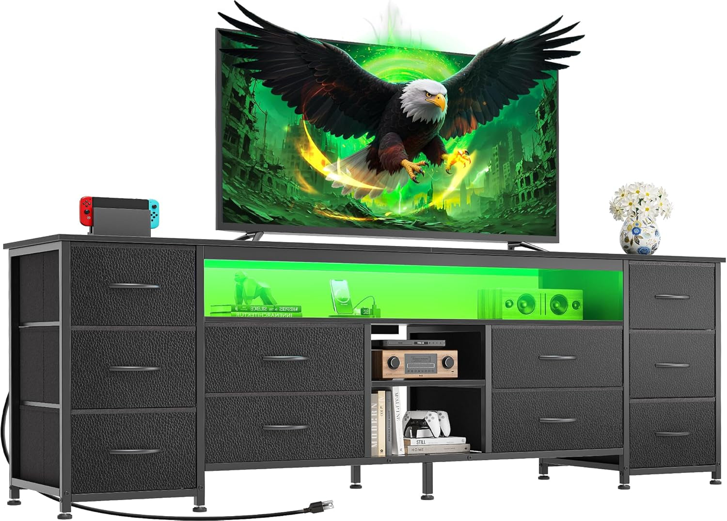 63 Inch LED TV Stand Dresser with Power Outlets, USB-C Port and LED Lights, 10 Fabric Drawer Dresser for Bedroom, Long Entertainment Center for 65, 70 Inch TV, Open Shelves, PU Leather, Black