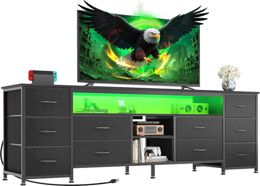 63 Inch LED TV Stand Dresser with Power Outlets, USB-C Port and LED Lights, 10 Fabric Drawer Dresser for Bedroom, Long Entertainment Center for 65, 70 Inch TV, Open Shelves, PU Leather, Black