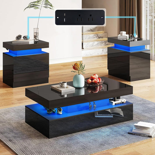 3-Piece High Gloss Living Room Table Set, Includes Modern LED Coffee Table with 2-Tier Design and 2 Matching Nightstands with Charging Station, Black