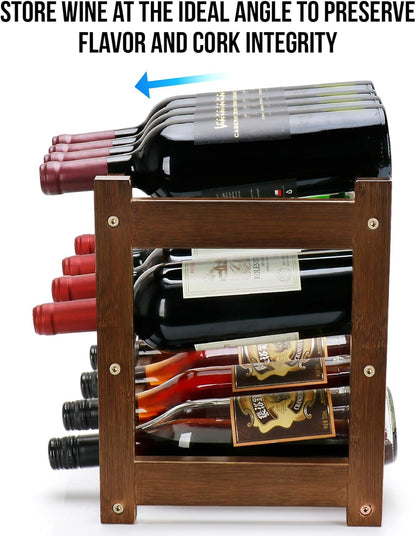 Bamboo Wine Rack, 3-Tier 12 Bottles Wine Storage Cabinet Shelf, Easy-Assembly Freestanding Bamboo Wine Racks Countertop for Kitchen Pantry Dining Room Bar, Walnut