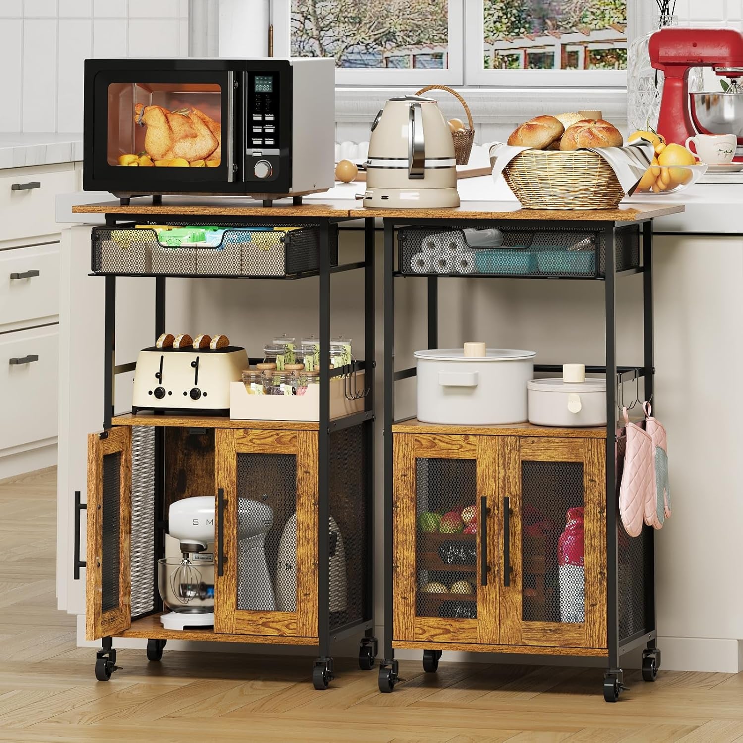 3 Tier Rolling Coffee Cart with 2-Door & Pull-Out Wire Basket Drawer, Movable Coffee Bar Cabinet on Lockable Casters, 32.7" H Microwave Cart with Storage for Home, Kitchen, Dining Room (Rustic Brown)