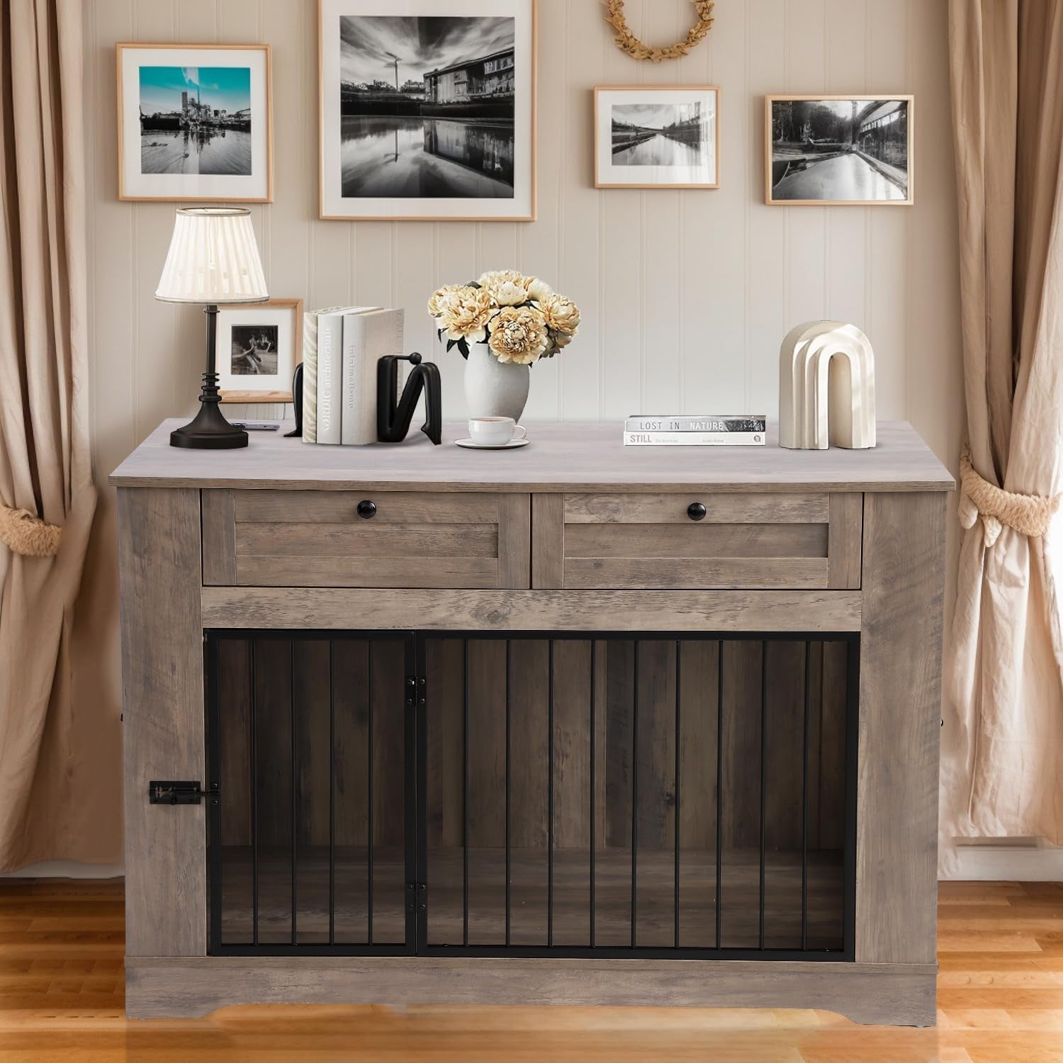 Large Dog Crate Furniture-Decorative Heavy Duty Dog Cage Indoor, Wooden Dog Cage End Table with Charging Station, Dog House with 2 Drawers (Gray, 47.2''L)