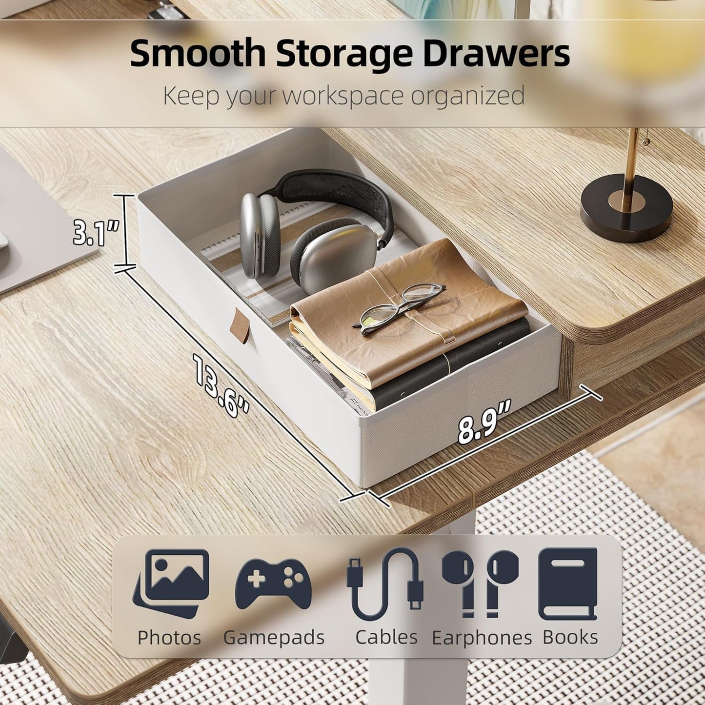 Standing Desk with Two Drawers, Stand up Standing Desk Adjustable Height, Electric Sit Stand Table with Storage Shelf and Splice Board, 48 * 24 Inch, Maple