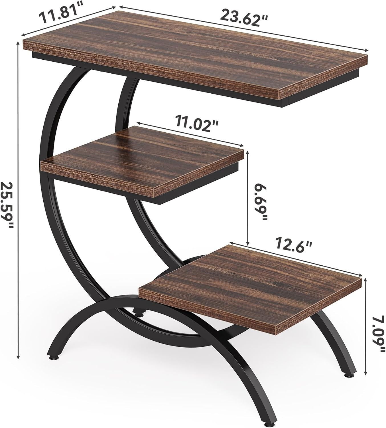 End Table, Narrow End Table with 3 Storage Shelves, Industrial C-Shaped Small Sofa Side Table for Living Room, Wood Slim Snack Table with Black Metal Frame, Rustic Brown