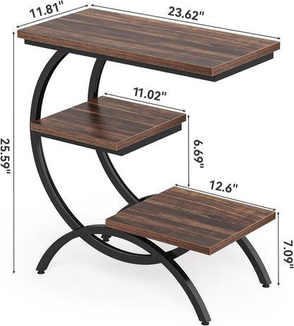End Table, Narrow End Table with 3 Storage Shelves, Industrial C-Shaped Small Sofa Side Table for Living Room, Wood Slim Snack Table with Black Metal Frame, Rustic Brown