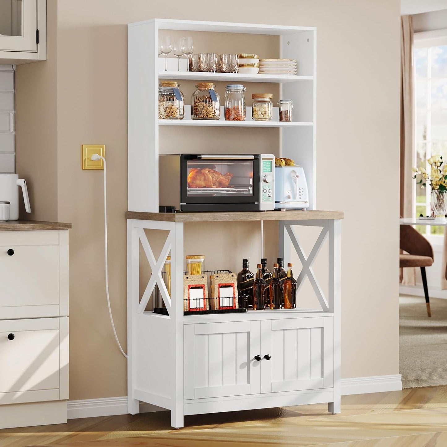 White Microwave Stand Bakers Rack Cabinet, Farmhouse Freestanding Small Kitchen Pantry Hutch Tall W Door Power Outlet Thickened Counter, Coffee Bar Storage Shelves