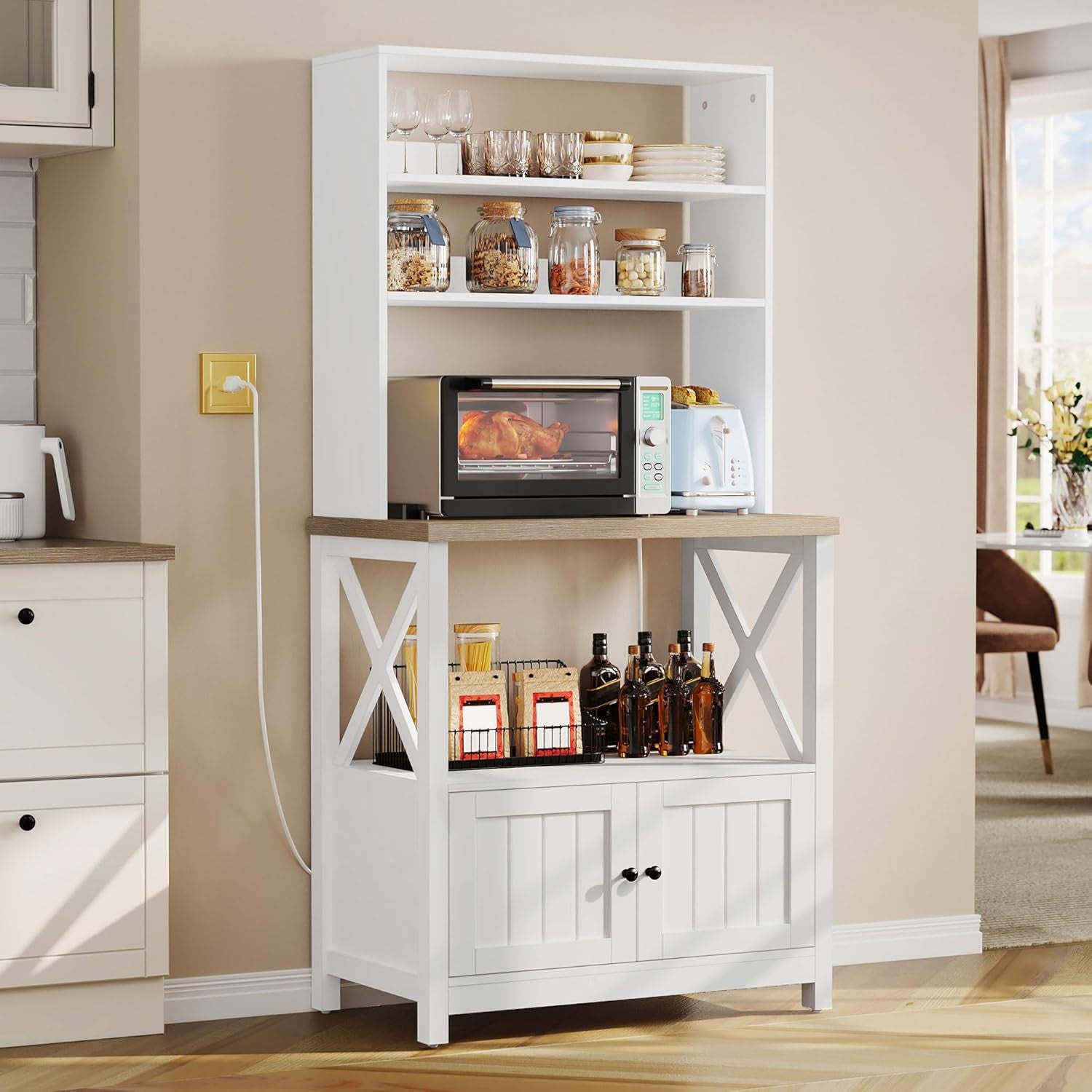 White Microwave Stand Bakers Rack Cabinet, Farmhouse Freestanding Small Kitchen Pantry Hutch Tall W Door Power Outlet Thickened Counter, Coffee Bar Storage Shelves