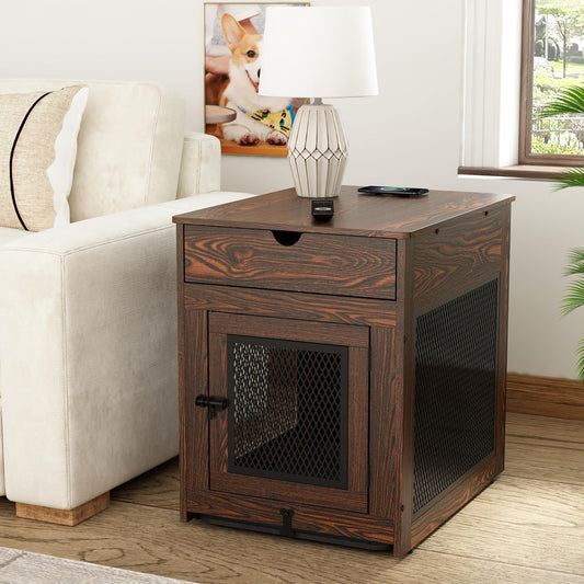 Dog Crate Furniture,Wooden Dog Crate End Table with Storage Drawer&Cushion&Tray, QC3.0 Wireless Charging,Dual Usb,Small Dogs Marble White
