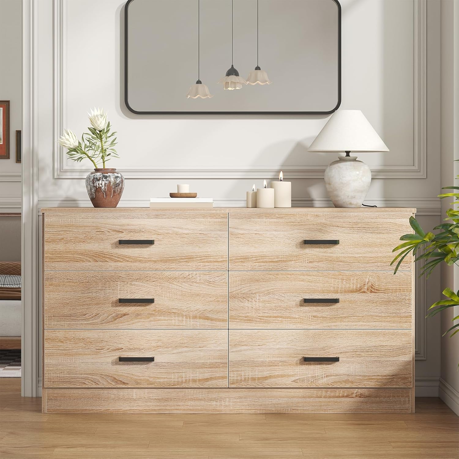 Dresser for Bedroom, 6 Drawer Double Dresser, Modern Chest of Drawers with Deep Drawers, TV Stand Large Storage Organizer for Living Room, Closet (Light Oak)