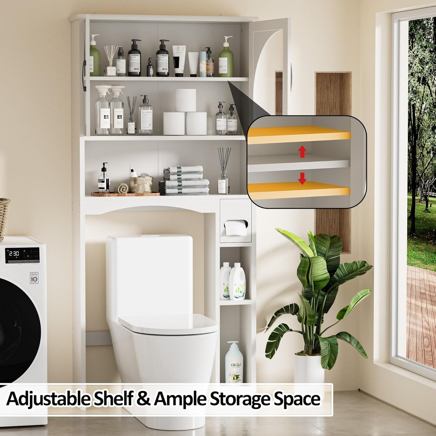 over the Toilet Storage Cabinet, over Toilet Bathroom Organizers with Adjustable Shelf and Glass Doors, Bathroom Space Saver above Washer with Anti-Tip Device, White