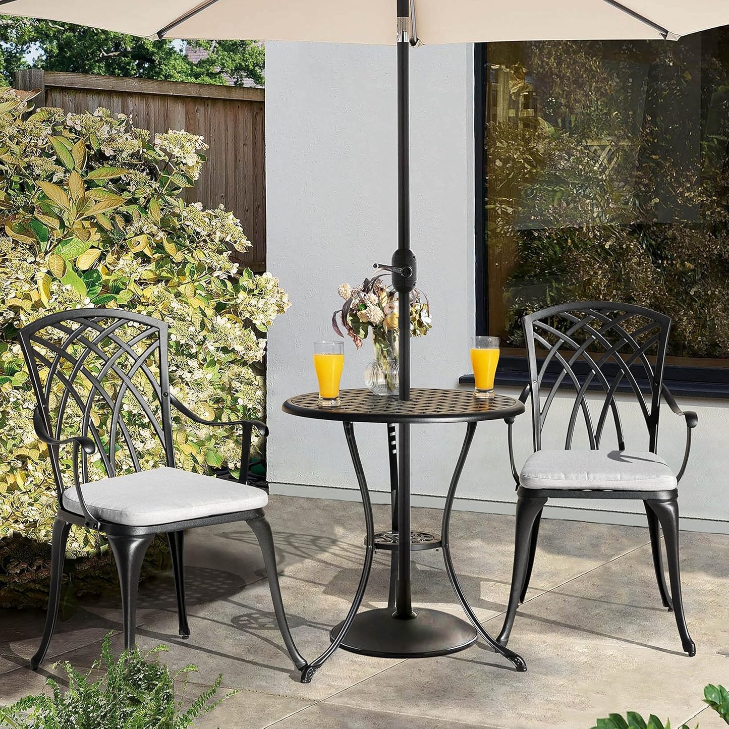 Bistro Set 3 Piece Outdoor Cast Aluminum Patio Bistro Set Patio Table and Chairs Set of 2 with Umbrella Hole and Gray Cushions, Black