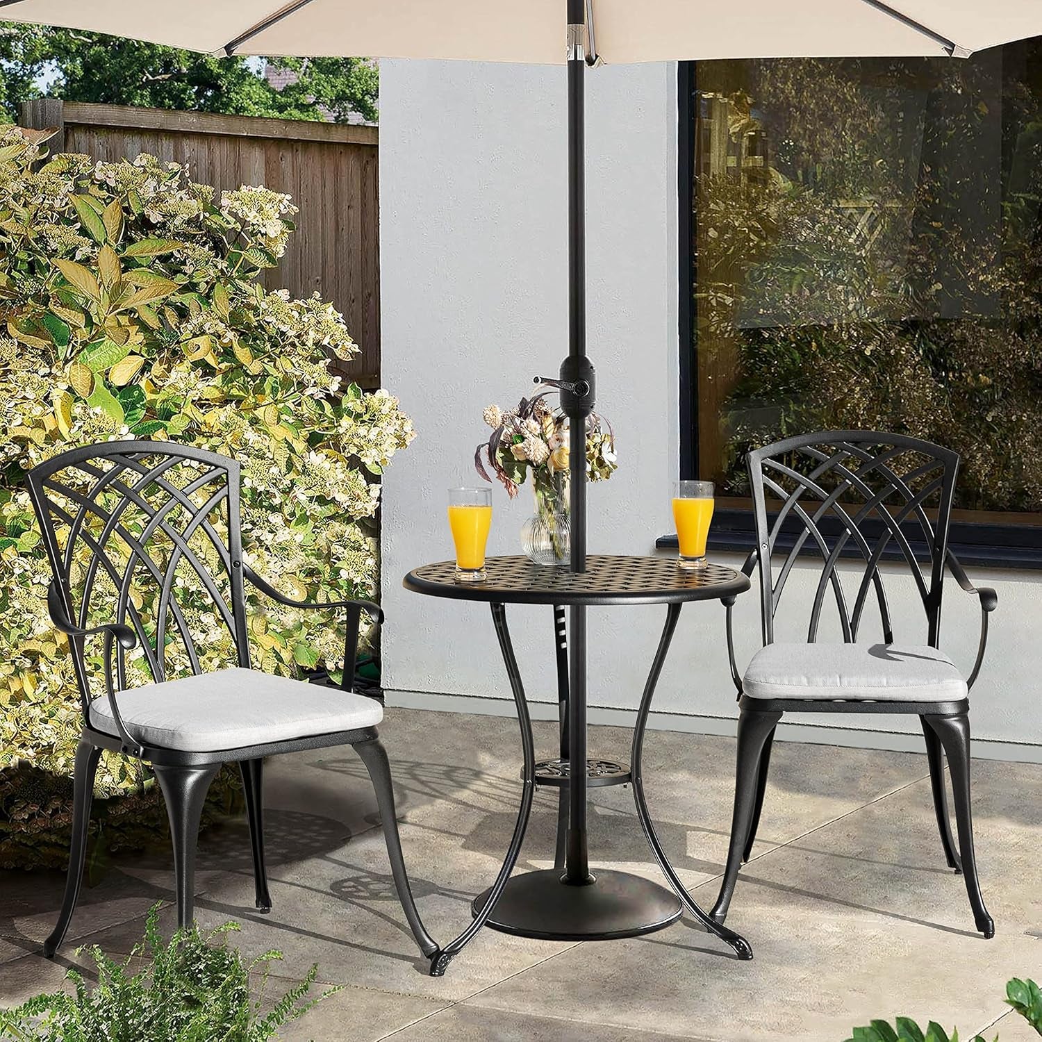 Bistro Set 3 Piece Outdoor Cast Aluminum Patio Bistro Set Patio Table and Chairs Set of 2 with Umbrella Hole and Gray Cushions, Black