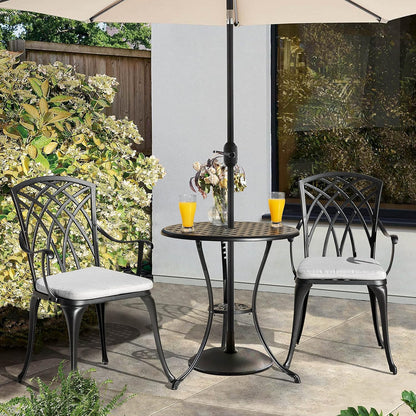 Bistro Set 3 Piece Outdoor Cast Aluminum Patio Bistro Set Patio Table and Chairs Set of 2 with Umbrella Hole and Gray Cushions, Black