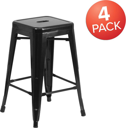 Lily 4 Pack Commercial Grade 24" High Backless Black Metal Indoor-Outdoor Counter Height Stool with Square Seat