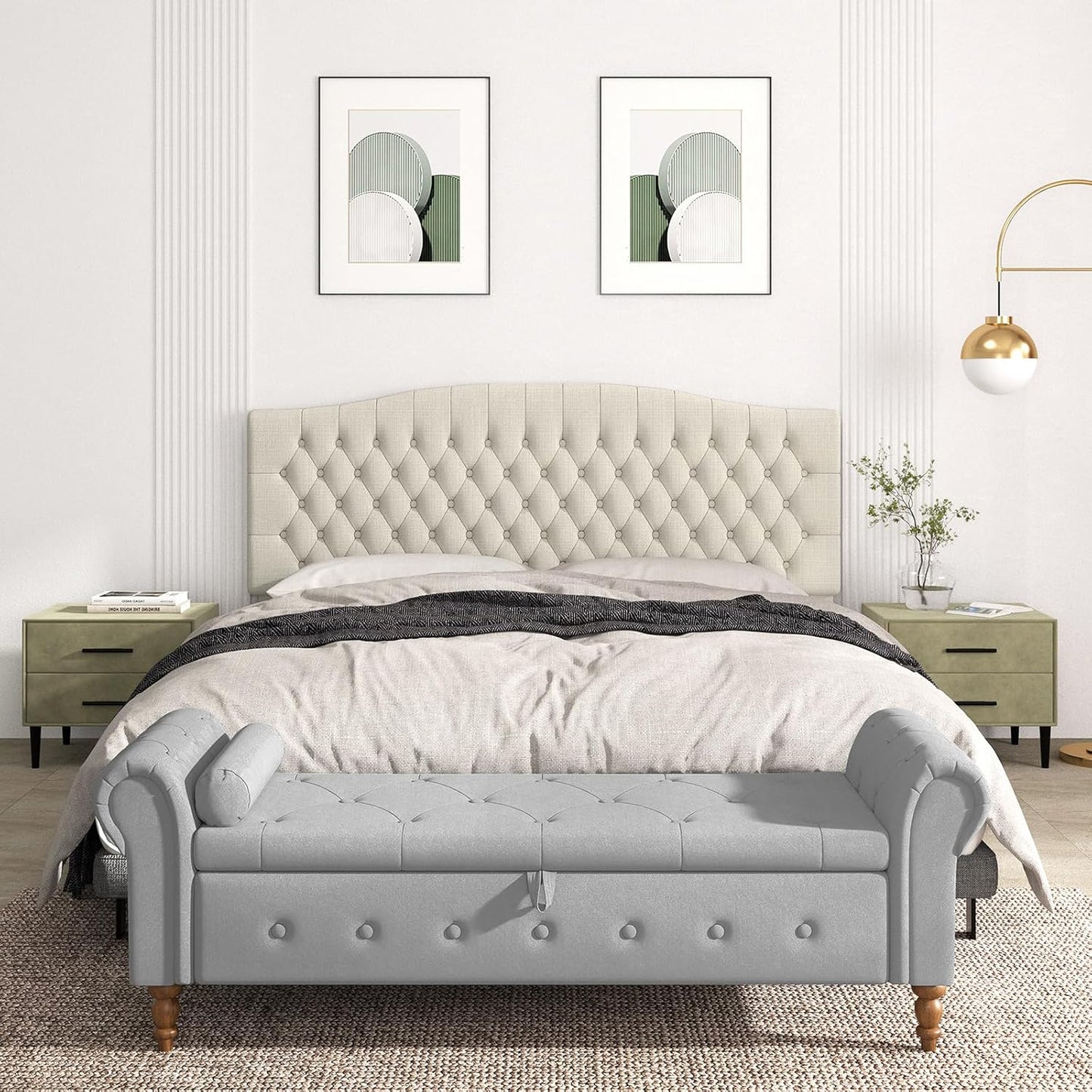 King Headboard Only, Upholstered Headboard King Size for Adjustable Bed Linen Tufted Wall Mounted Head Board with Solid Wood Legs, Ivory