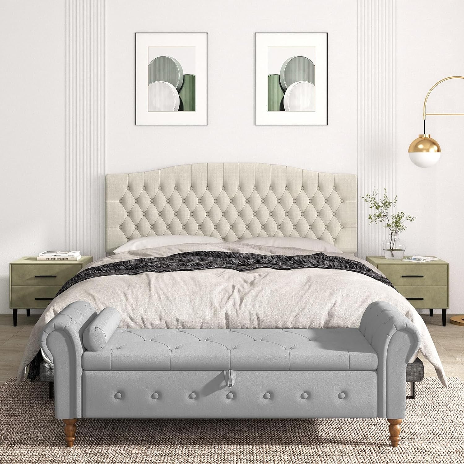 King Headboard Only, Upholstered Headboard King Size for Adjustable Bed Linen Tufted Wall Mounted Head Board with Solid Wood Legs, Ivory
