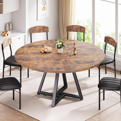 51“ round Kitchen Dining Room Table for 6-8, Circle Dining Dinner Table with Pedestal Metal Frame, Space Saving Wood Industrial Furniture for Small Space (Rustic Brown, 51In)