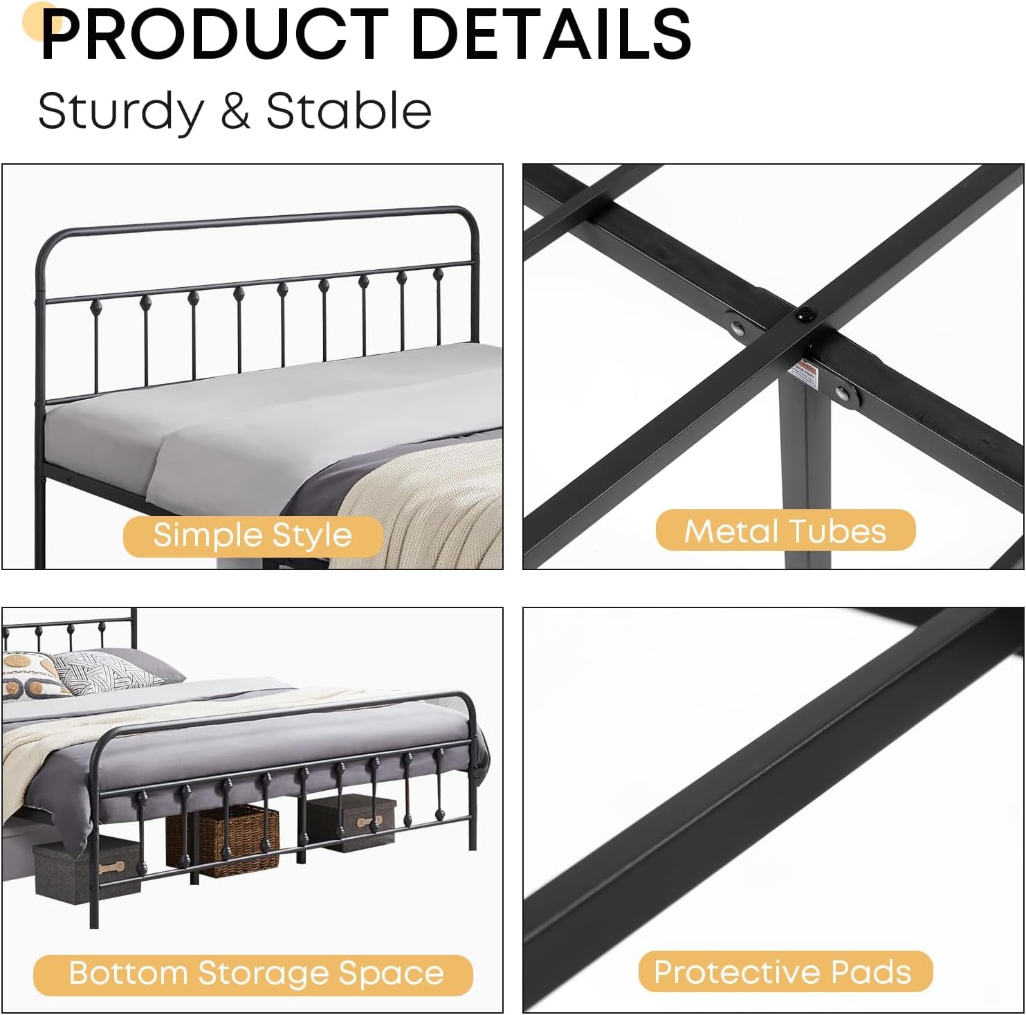 Queen Bed Frame-Classic Metal Platform Bed Frame Mattress Foundation with Victorian Style Iron-Art Headboard/Footboard/Storage Space/No Box Spring Needed/Black