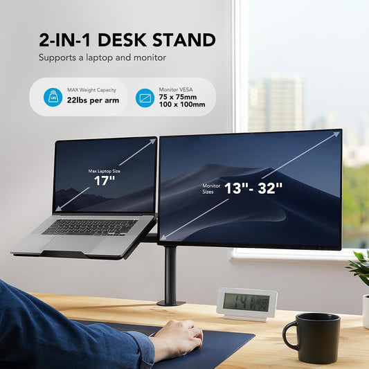 Adjustable Monitor Stand, Single Arm Desk Mount for 32 Inch Screen and 17 Inch Laptop, Heavy Duty Ergonomic Bracket Holds 22Lbs