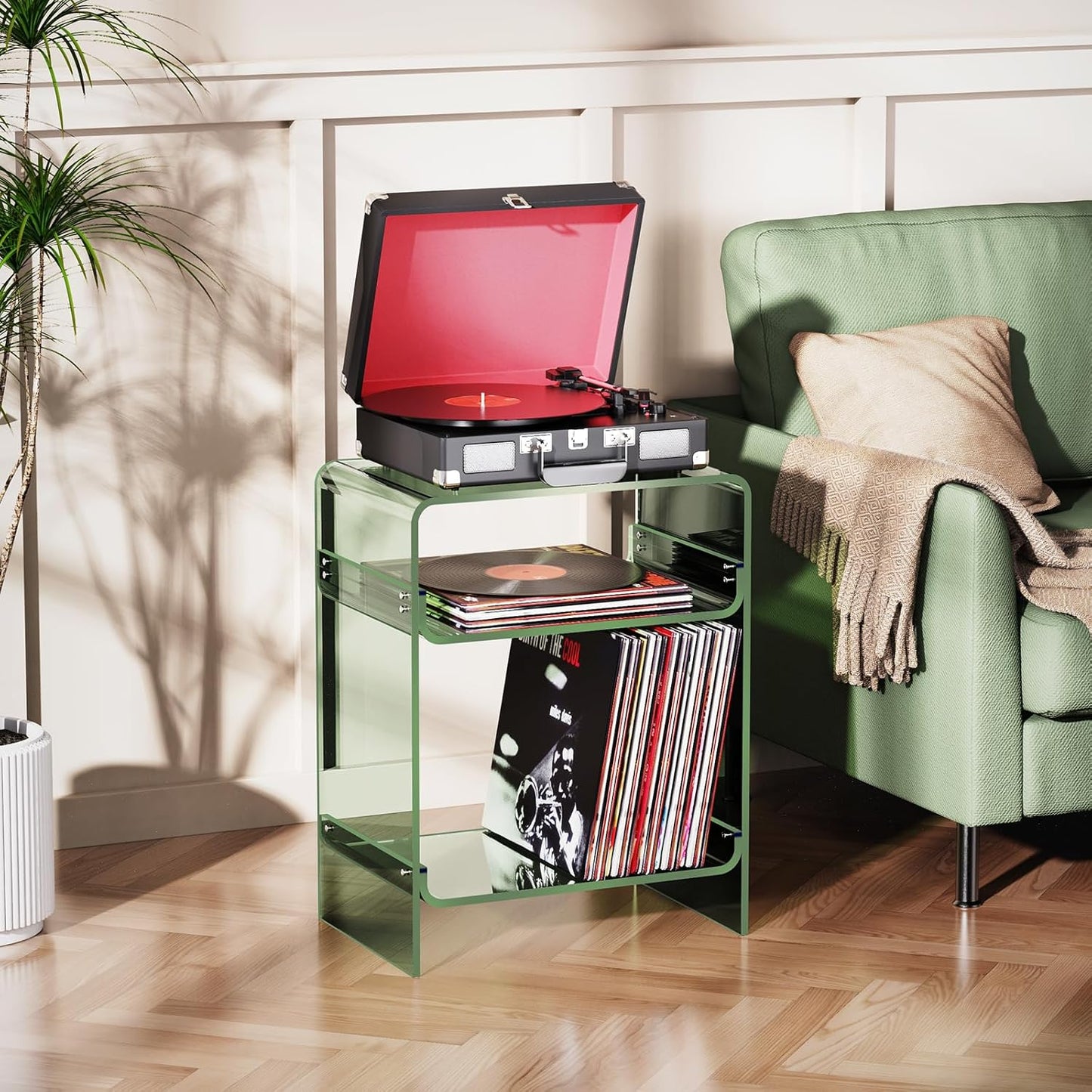 Acrylic Record Player Table with Storage Shelf, Clear Side Table Nightstand (Green, Large)