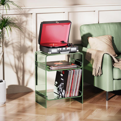 Acrylic Record Player Table with Storage Shelf, Clear Side Table Nightstand (Green, Large)