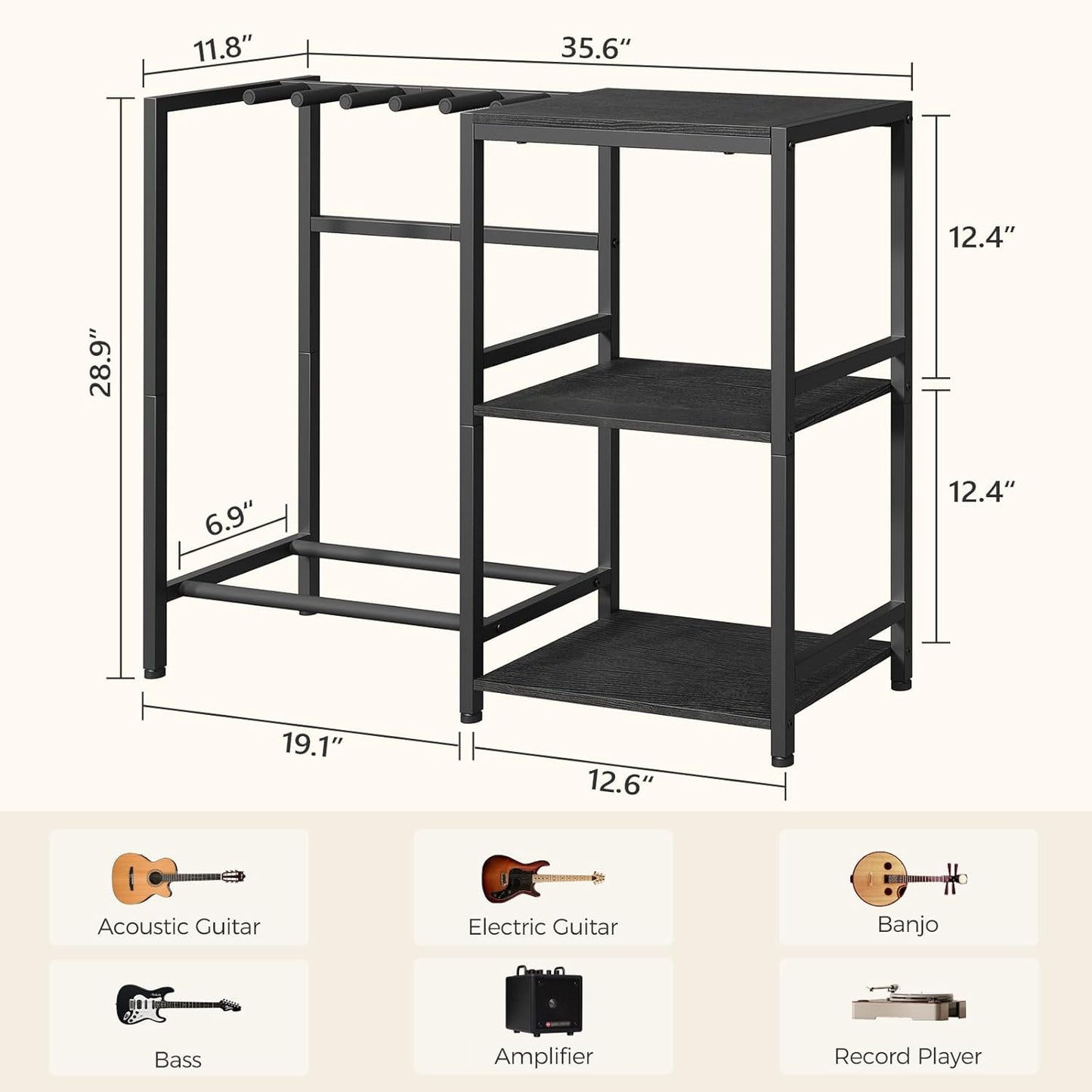 Guitar Stand, Guitar Holder for 4-5 String Instruments, Suitable for Acoustic Guitar, Bass, Guitar Rack with Side Shelves for Record Player, with Non-Slip Rubber Pads, Black GSBK9501