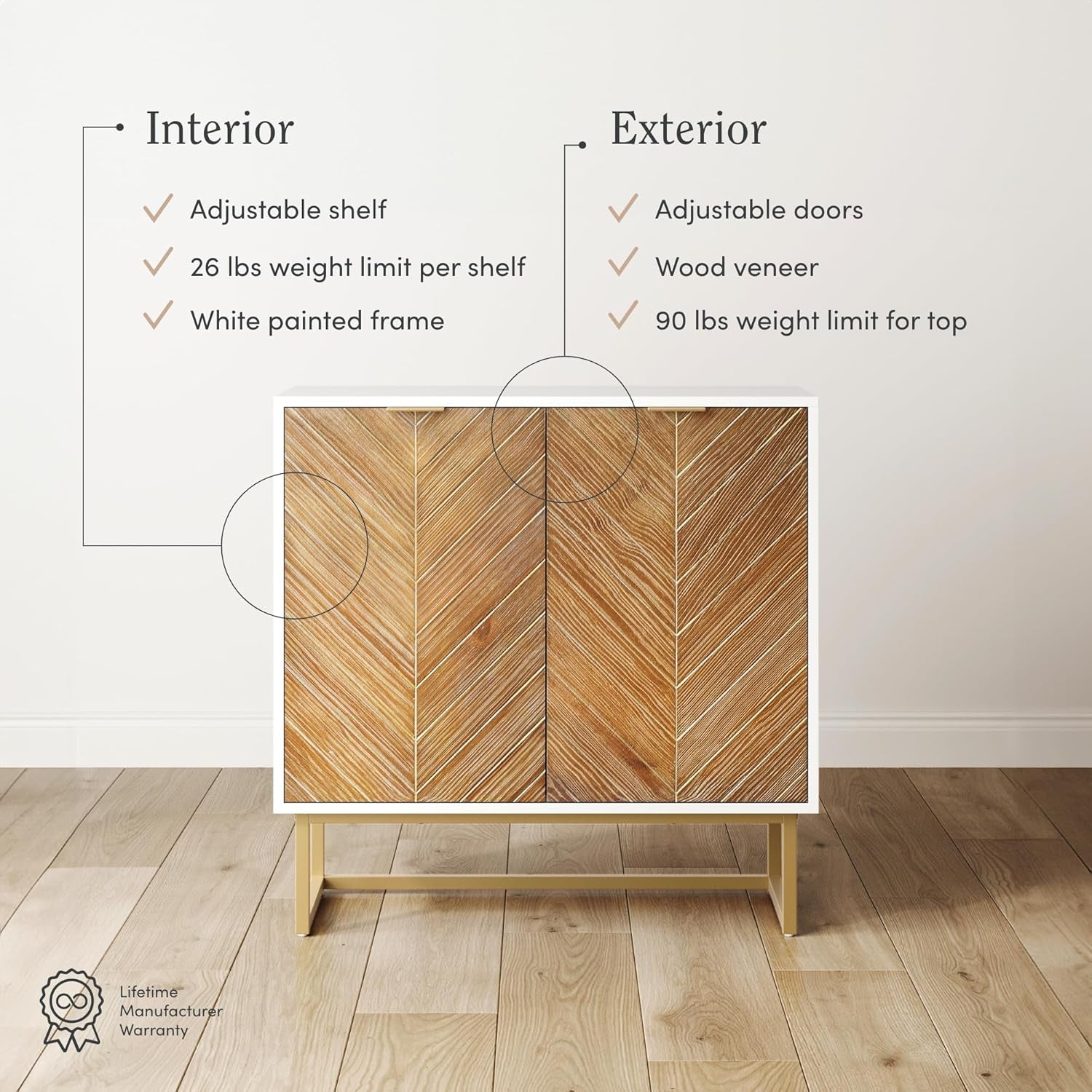 Enloe Modern Storage Free Standing Accent Cabinet White with Doors in a Rustic Pine Wood Finish and Gold Powder-Coated Metal Base for Hallway, Entryway or Living Room, Brown/White/Gold