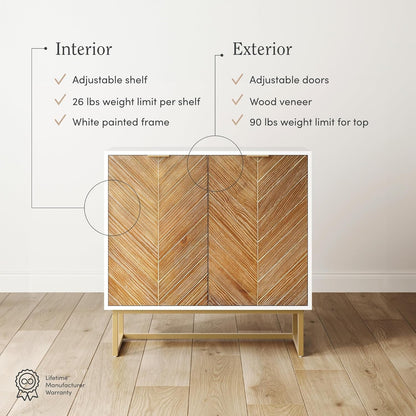 Enloe Modern Storage Free Standing Accent Cabinet White with Doors in a Rustic Pine Wood Finish and Gold Powder-Coated Metal Base for Hallway, Entryway or Living Room, Brown/White/Gold