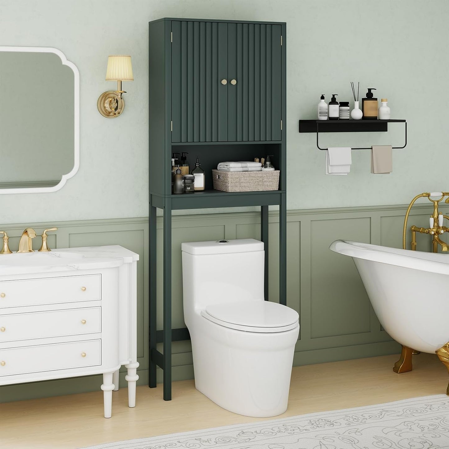 over the Toilet Storage Cabinet, above Toilet Bathroom Organizer with Fluted Doors, Adjustable Shelf & Bottom Bar, Tall Freestanding Rack Space Saver over Toilet (Green)