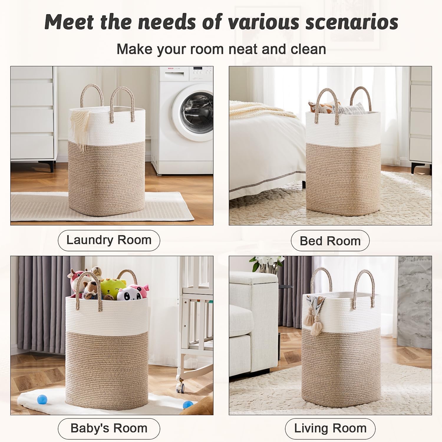 Laundry Basket,Woven Cotton Rope Laundry Hamper,Versatile Storage for Dirty Clothes,Baby Toys,And Blankets in Bathroom, Nursery,And Living Room (Brown, 60L)