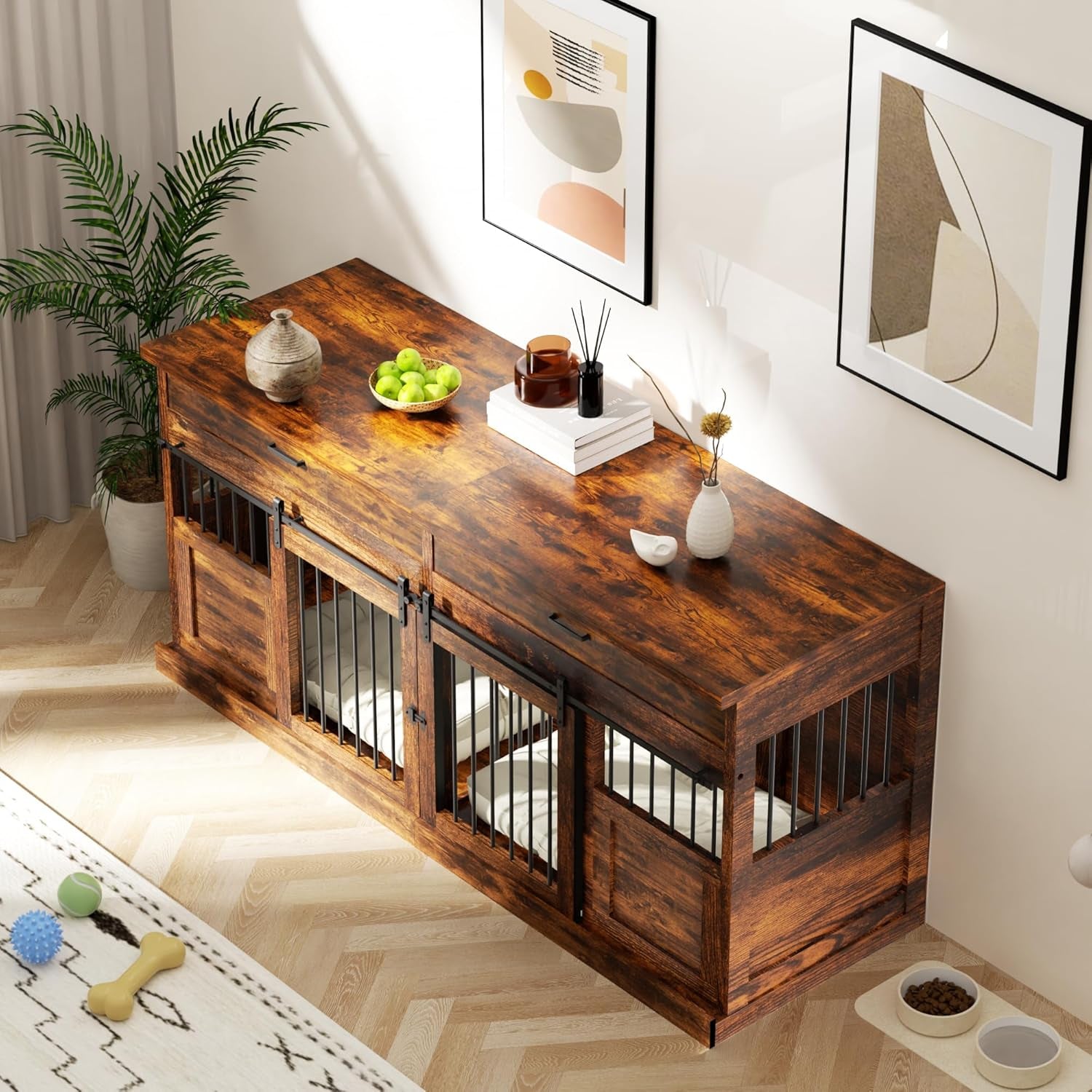 Large Dog Crate Furniture for 2 Dogs 71 Inches Decorative Indoor Dog Kennel Furniture with 2 Drawers XXL Heavy Duty Dog Crates Cage Furniture with Removable Divider and Sliding Doors Brown