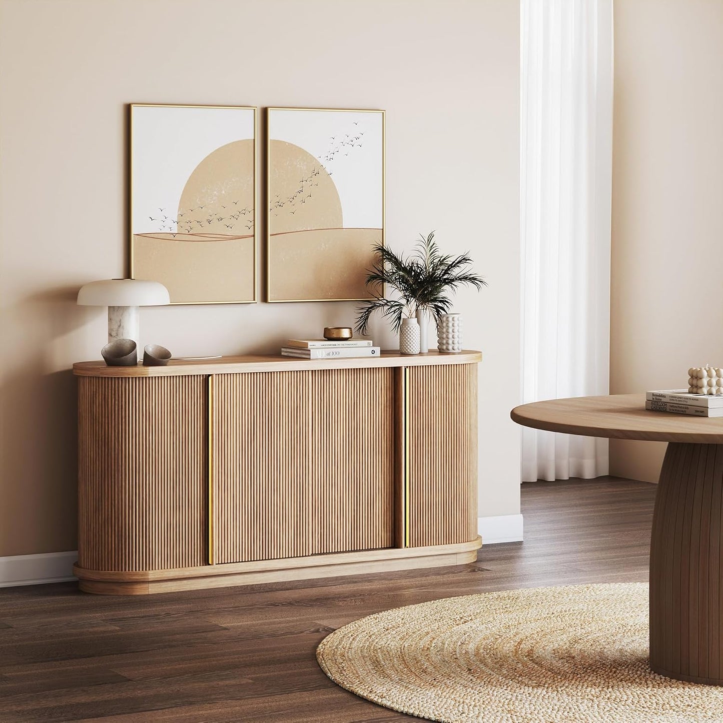 Turin 67" Modern Curved Sideboard with Sliding Tambour Doors - Fluted Wood Buffet Cabinet & Credenza - Oval Media Console with Gold Accents for Dining Room, Living Room, or Entryway (Camel)