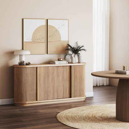 Turin 67" Modern Curved Sideboard with Sliding Tambour Doors - Fluted Wood Buffet Cabinet & Credenza - Oval Media Console with Gold Accents for Dining Room, Living Room, or Entryway (Camel)