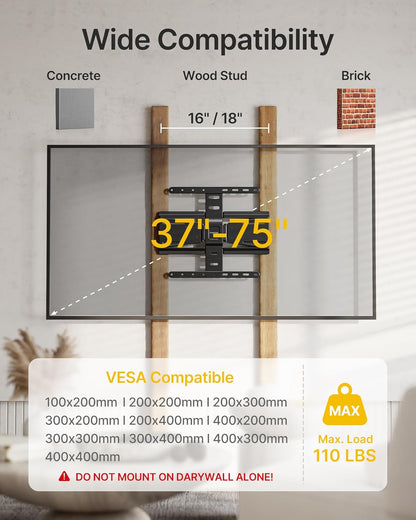 0.77" Ultra Slim TV Wall Mount for 37-75 Inch Tvs, Thin Low Profile Full Motion TV Wall Mount with Articulating Dual Arms, 4X Weight Tested, Max VESA 400X400Mm, Fits 16/18" Studs