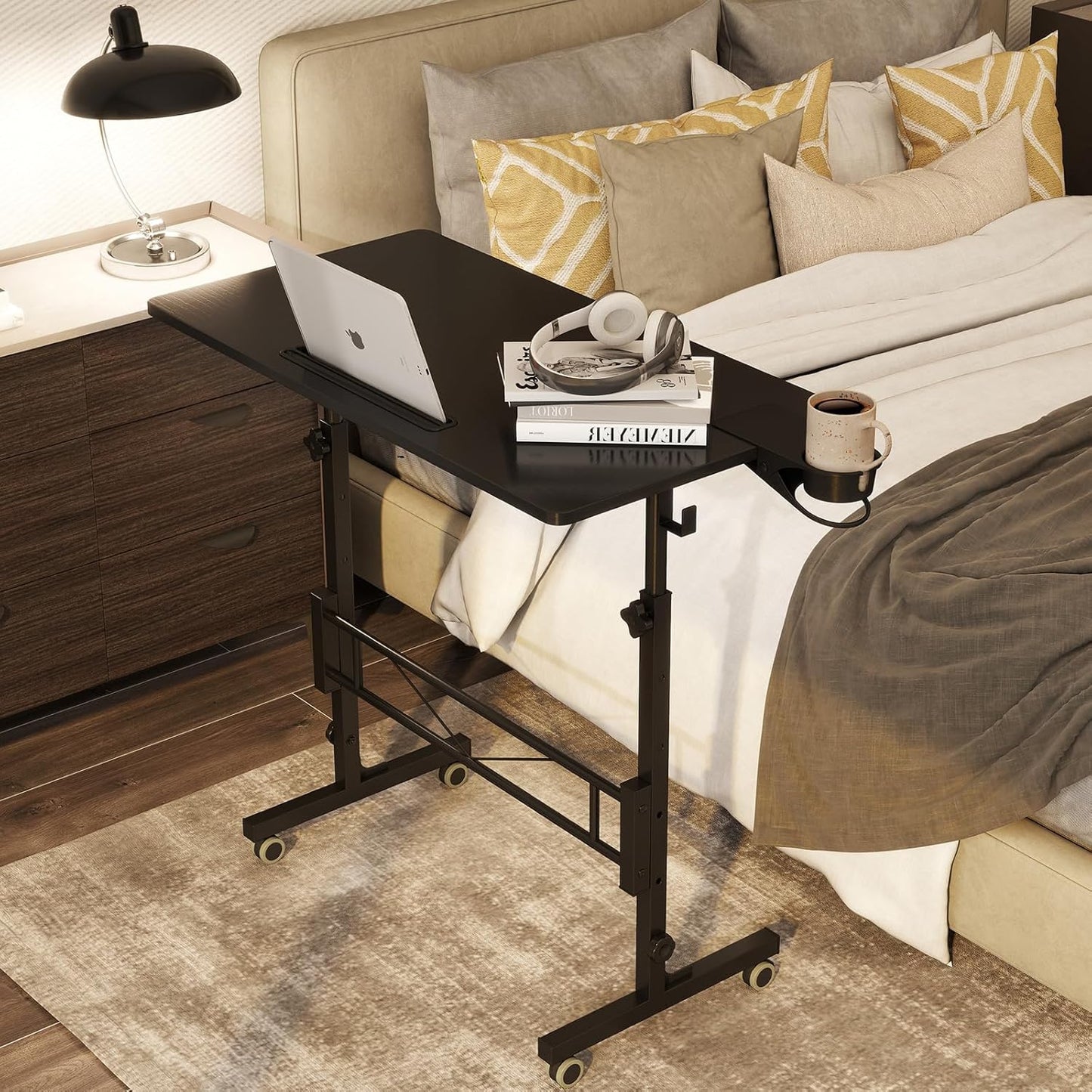 Small Standing Desk Adjustable Height, Mobile Stand up Desk with Wheels, Portable Walking Pad Table Stand, Rolling Laptop Cart for Standing or Sitting, Black