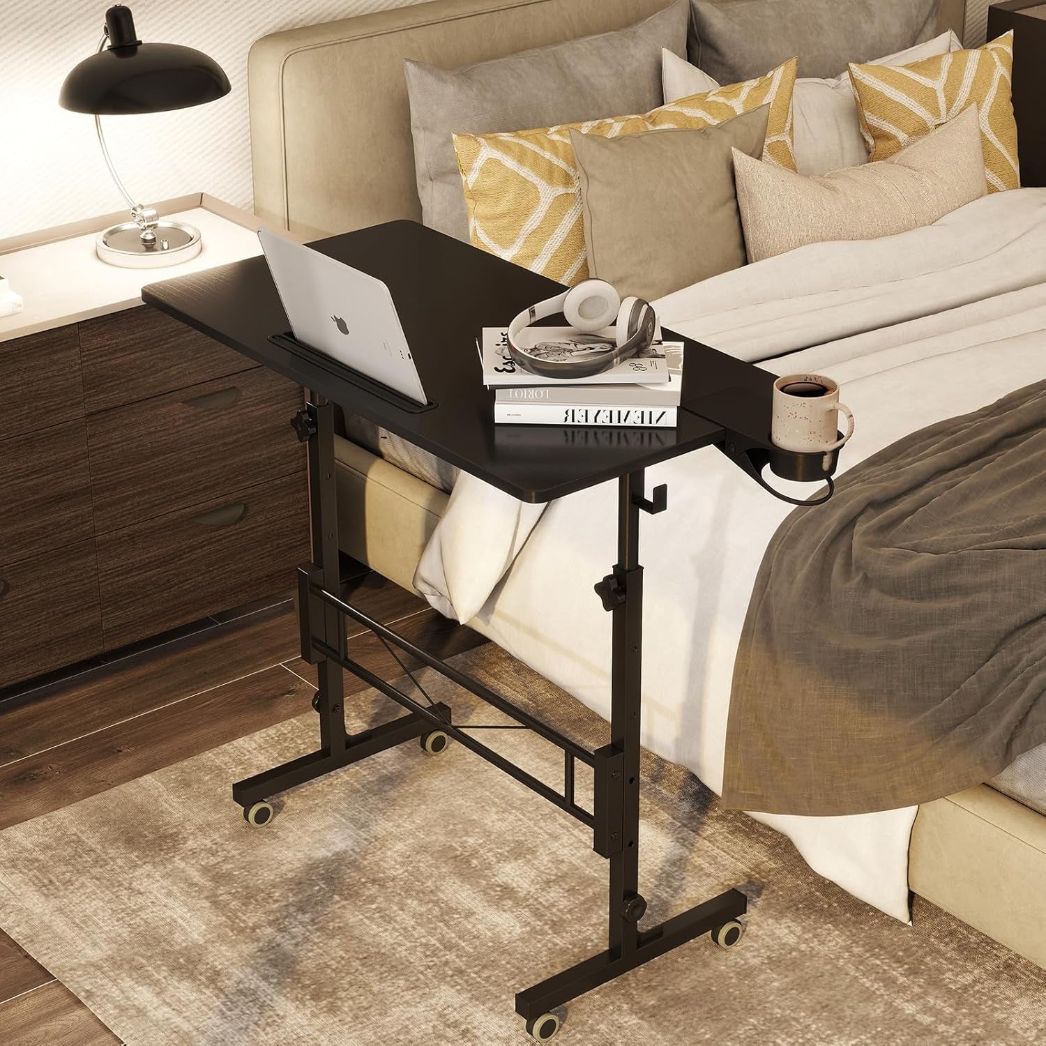 Small Standing Desk Adjustable Height, Mobile Stand up Desk with Wheels, Portable Walking Pad Table Stand, Rolling Laptop Cart for Standing or Sitting, Black