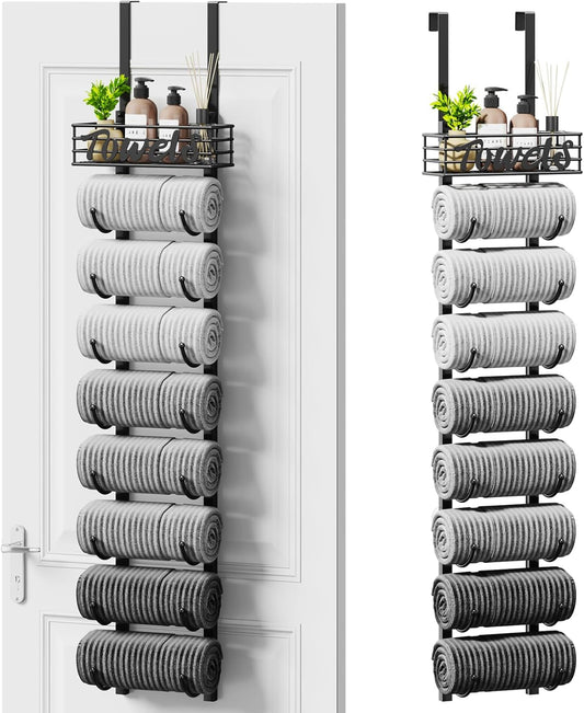 Hanging Towel Racks for Bathroom - 9 Tier over the Door & Wall Mounted Bath Rolled Towel Storage Organizer Holder for Small Bathroom, RV, Camper, Black (Patented)