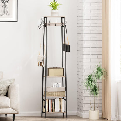 Coat Rack Freestanding, Coat Stand with 3 Shelves and 7 Hooks, Hall Tree Free Standing, Clothes Rack Stand Organizer, Industrial Style, Greige and Black