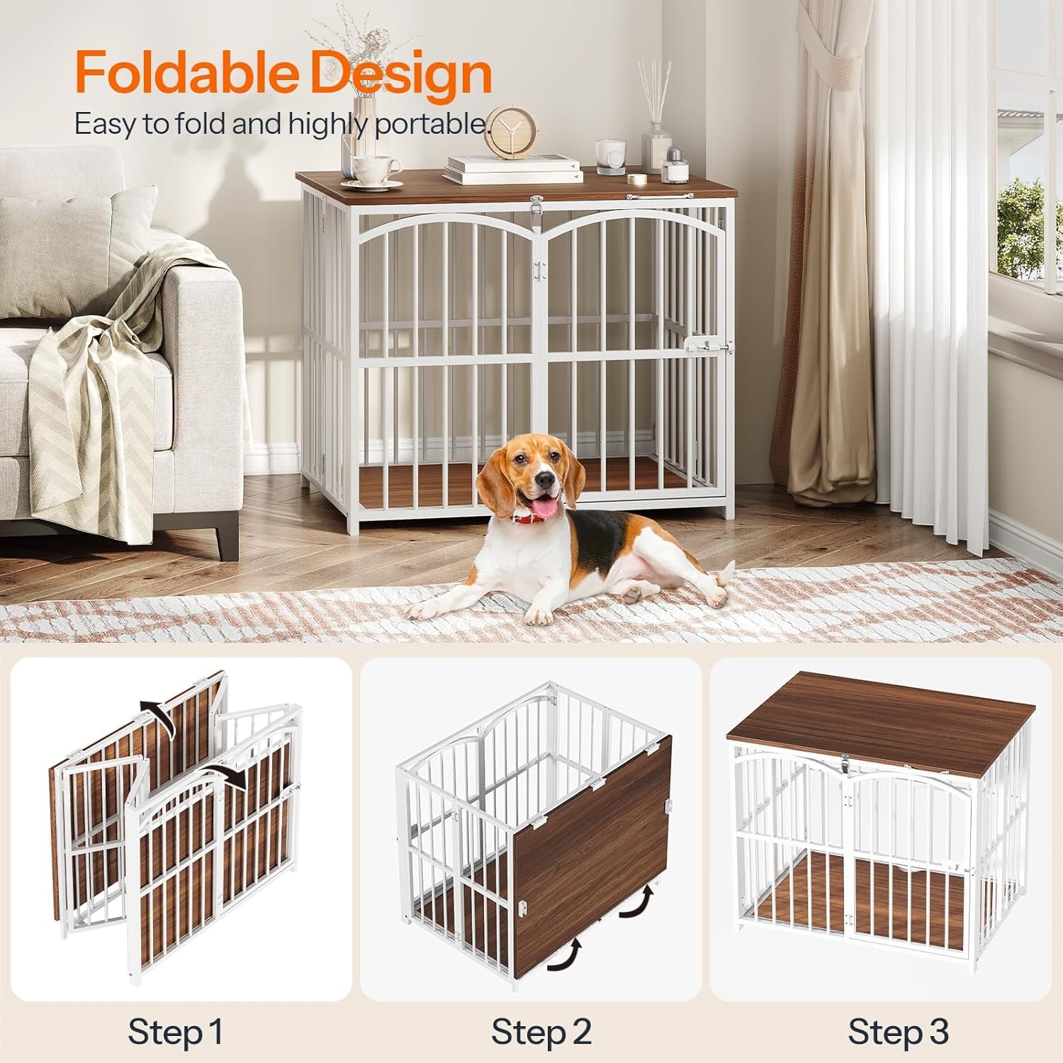 Foldable Dog Crate Furniture, 31.5" Indoor Dog Kennel No Assembly, Wooden Dog Cage Decorative Side End Table, for Medium Small Dogs, White and Walnut WH86GW03