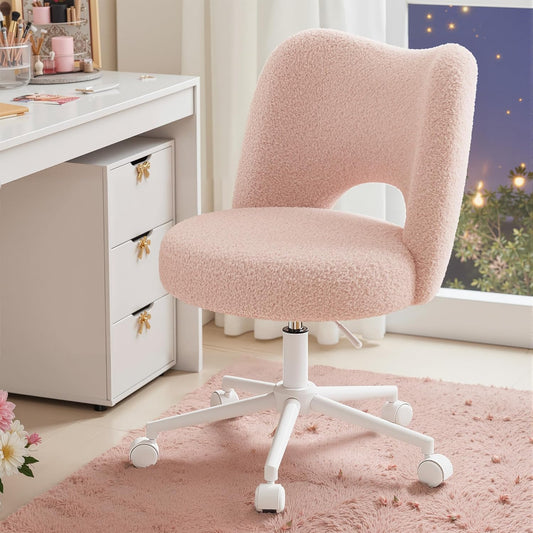 Vanity Chair with Wheels Pink,Cute Vanity Chair with Back,Ultra-Plush Fleece Cute Desk Chair, Small Office Chair Height Adjustable,For Make-Up Room,Bedroom