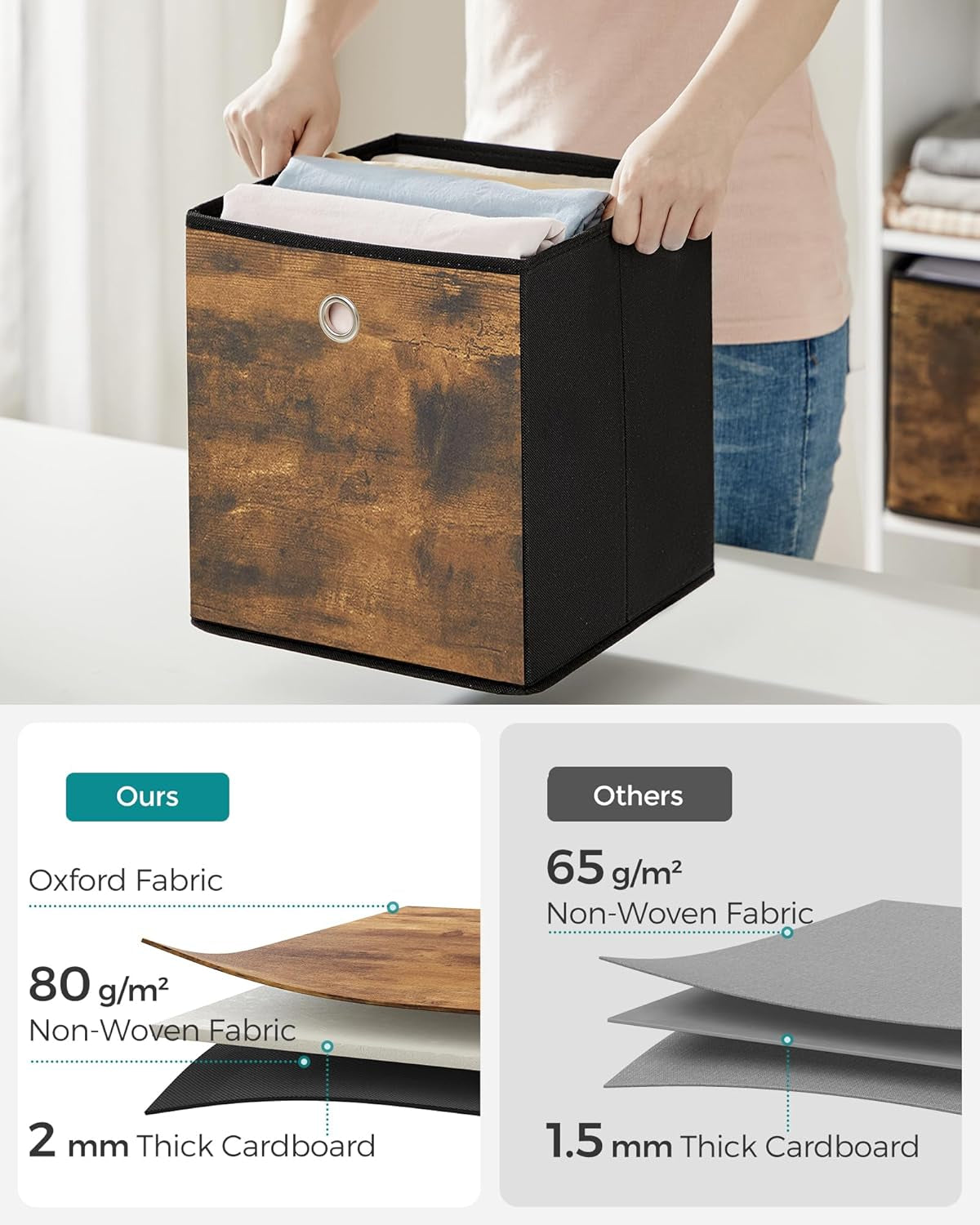 Storage Cubes, Set of 6 Storage Bins with Handles, Foldable Oxford Fabric and Non-Woven Fabric Storage Boxes, 10.2X10.2X11 Inches, Fit Cube Storage Unit, Rustic Brown URFB126B01