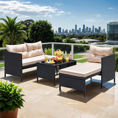 Outdoor Patio Furniture 3-Piece Rattan Waterproof Outdoor Sectional Sofa All-Weather L Shaped Patio Couch with Cushion Glass Table for Balcony, Garden (Beige)