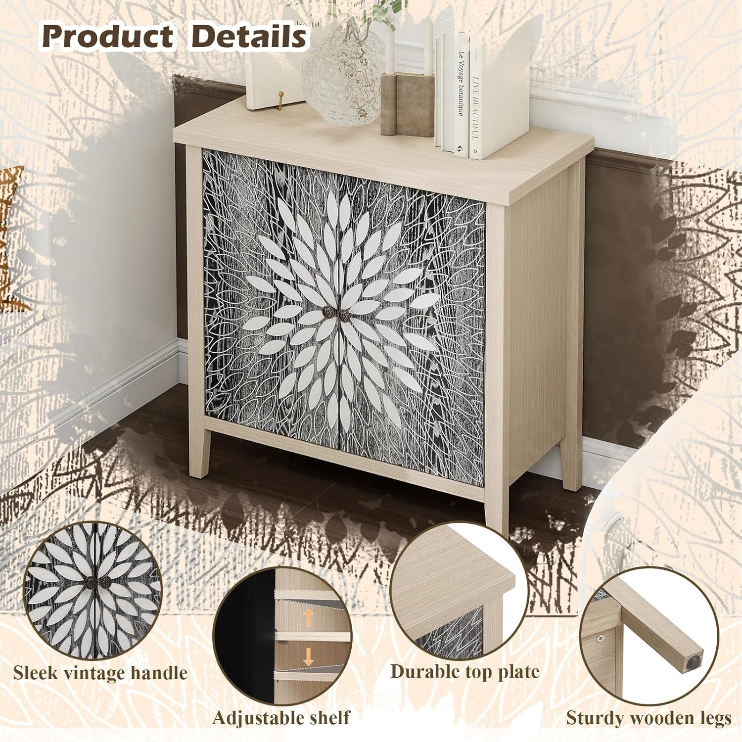 Black Accent Furniture, 32 Inch Wide 2-Door Carved Geometric Sideboard Buffet Server with Adjustable Shelves, Modern Boho Style Fluted Storage Console Table for Dining Room, Kitchen, Living Room